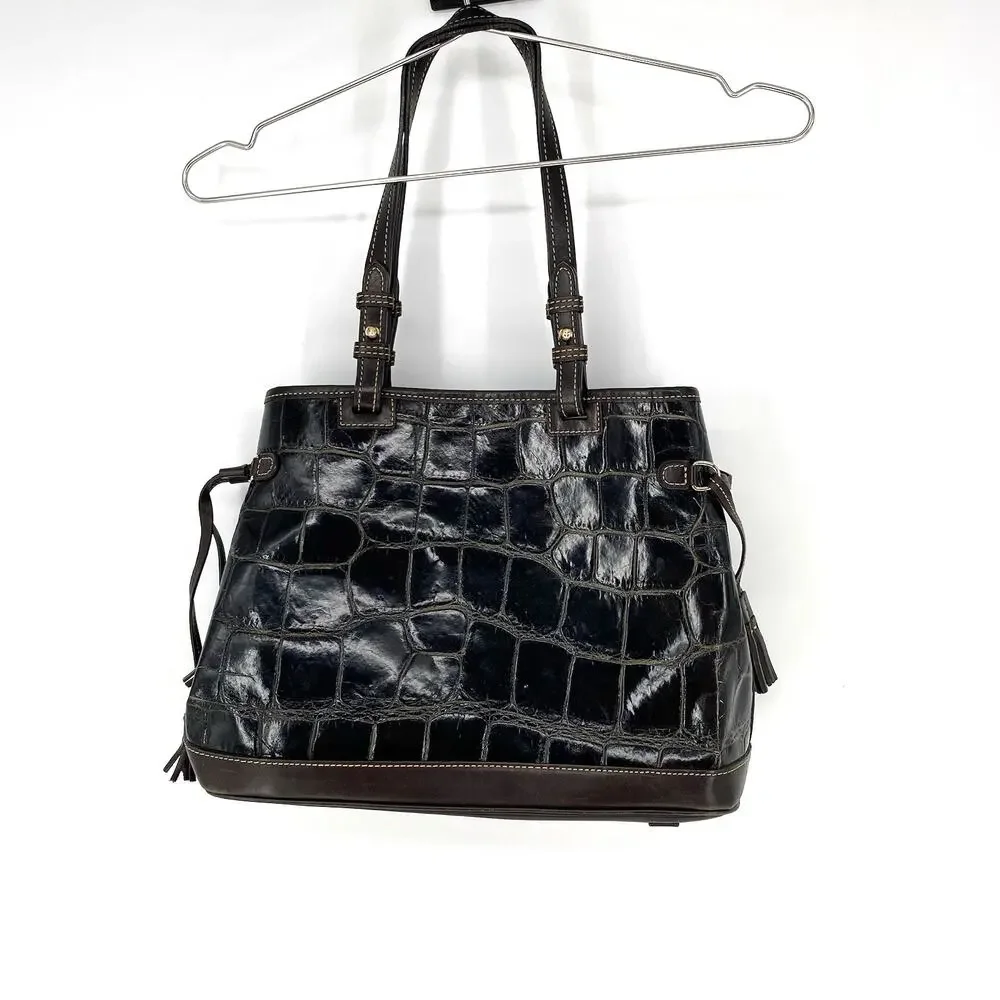 Dooney & Bourke Croco Embossed Leather Tassel Shoulder Tote Bag Brown